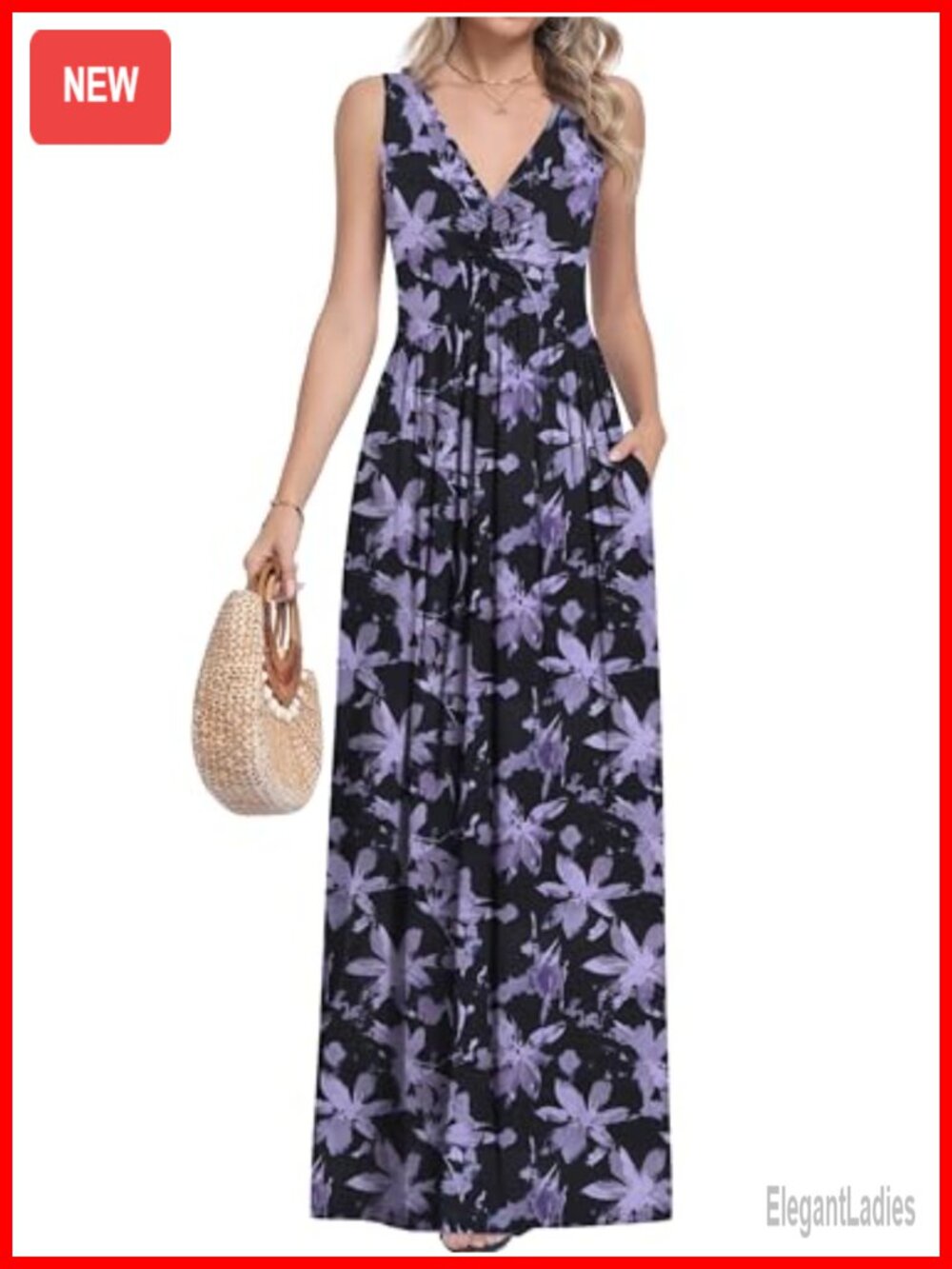 Womens Maxi Dress Rayon Spandex Sleeveless V-Neck Pockets Casual Summer